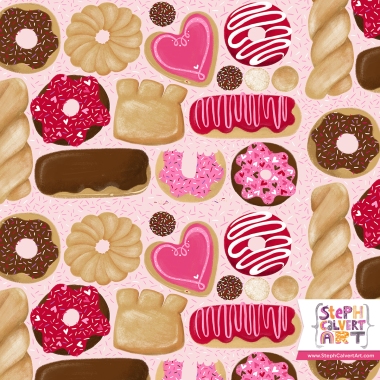 "Valentines Donuts" conversational repeat pattern by illustrator Steph Calvert. Available for art licensing.
