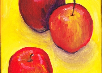 "3 Apples Up On Top"  9" x 12" Acrylic on Canvas. Available for purchase.