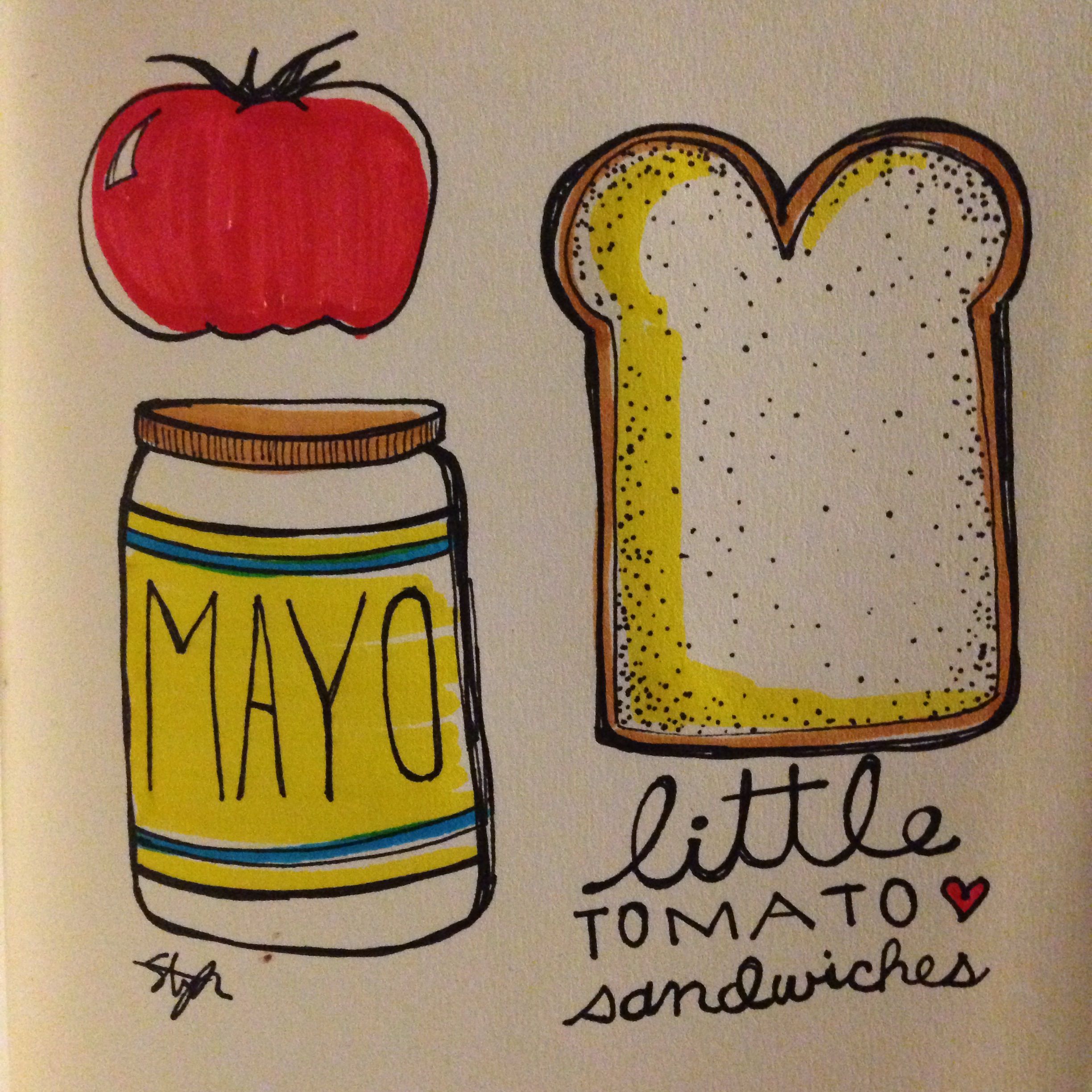 cute recipe illustration of ingredients for little tomato sandwiches - tomato, mayo, and a slice of bread