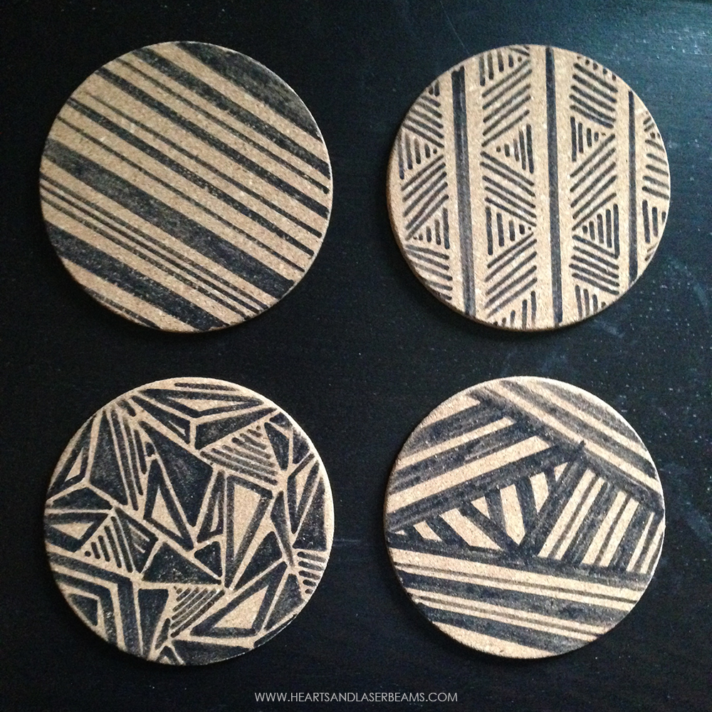 DIY Coasters - Cork with Hand Drawn Patterns - Hearts and Laserbeams