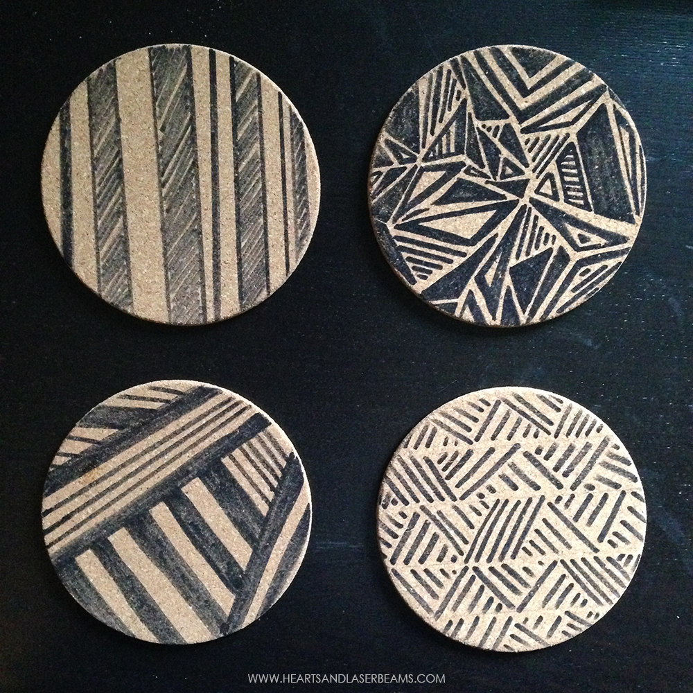 DIY Coasters - Cork with Hand Drawn Patterns - Hearts and Laserbeams