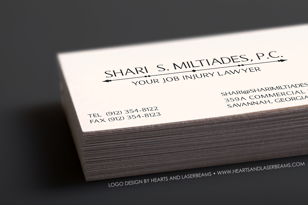 Law Firm Logo Business Card Layout and Web Design for Shari Miltiades - Hearts and Laserbeams
