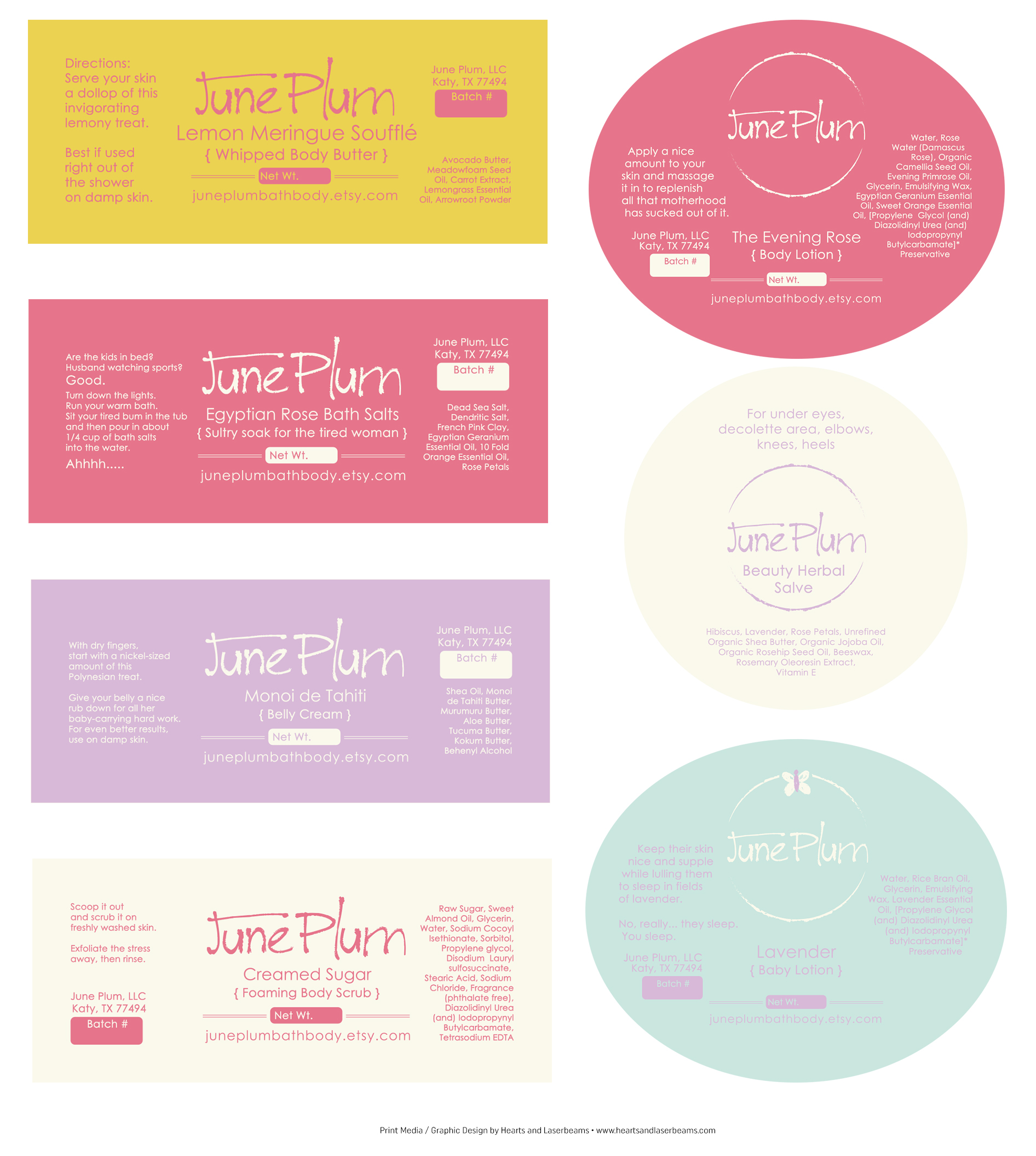Print Media - Graphic Design Portfolio - Packaging Design and Label Layout for June Plum by Hearts and Laserbeams