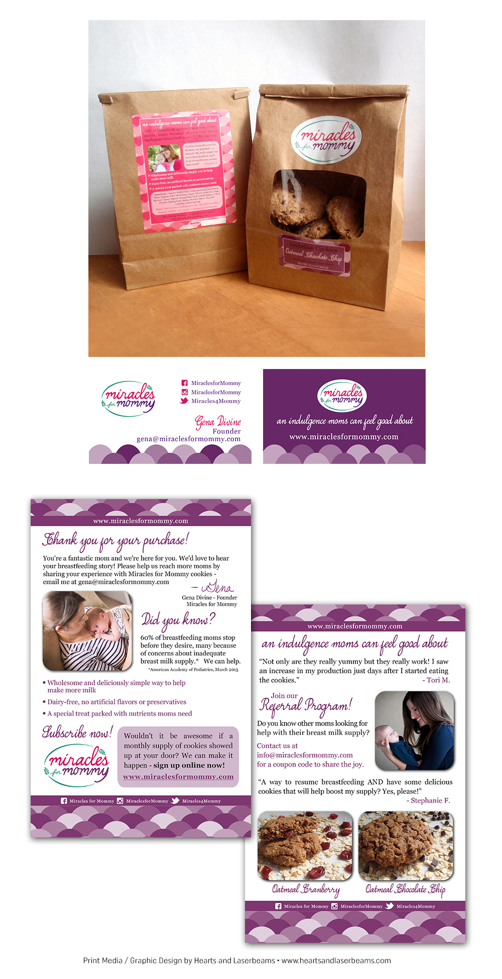 Print Media - Graphic Design Portfolio - Packaging Label Design and Postcard layout for Miracles for Mommy by Hearts and Laserbeams