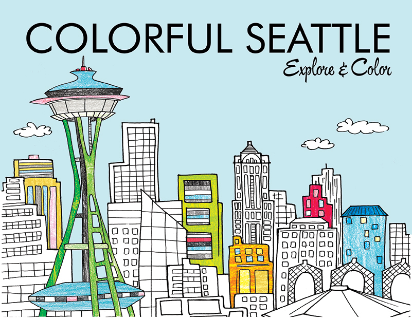 Colorful Seattle autographed coloring book illustrated by Steph Calvert of Hearts and Laserbeams as seen in Directory of Illustration