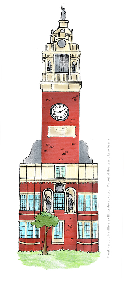 Building Illustrations for Hartford Healthcare - Clock Tower by Steph Calvert of Hearts and Laserbeams