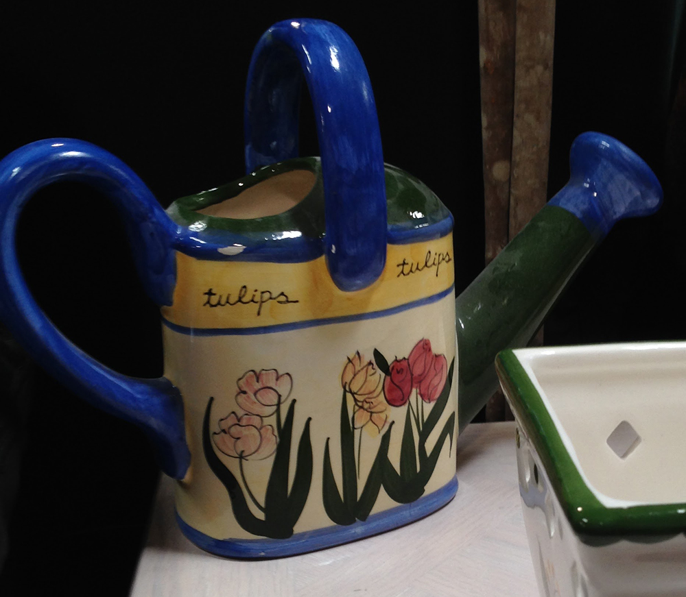 Hand painted watering can with floral tulips design