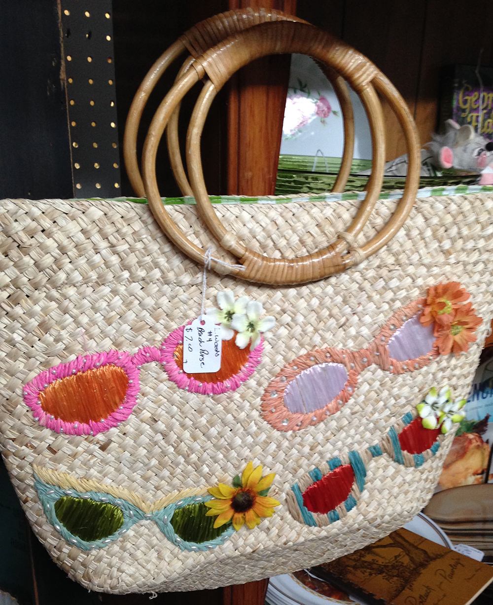 Dimensional embroidery - sunglasses and flowers straw handbag
