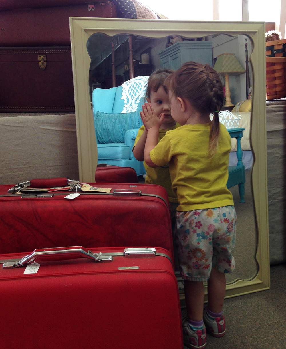Joy looking in vintage mirror - Art Inspiration and Thrift Store