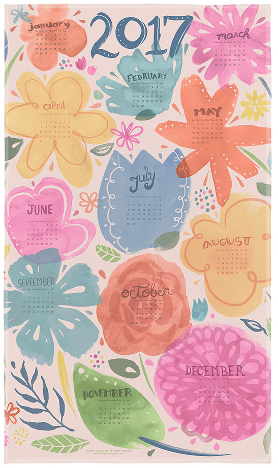 Floral 2017 Tea Towel Calendar with New Year Resolution Ideas by Steph Calvert Art