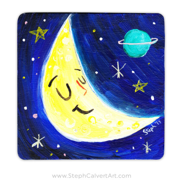 Cute Moon Coaster Art - acrylic painting by Steph Calvert Art