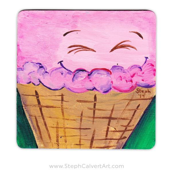Ice Cream Cone Art - Strawberry Coaster Art - acrylic painting by Steph Calvert Art