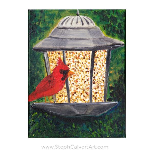 red cardinal painting - acrylic on canvas bird at bird feeder by Steph Calvert Art