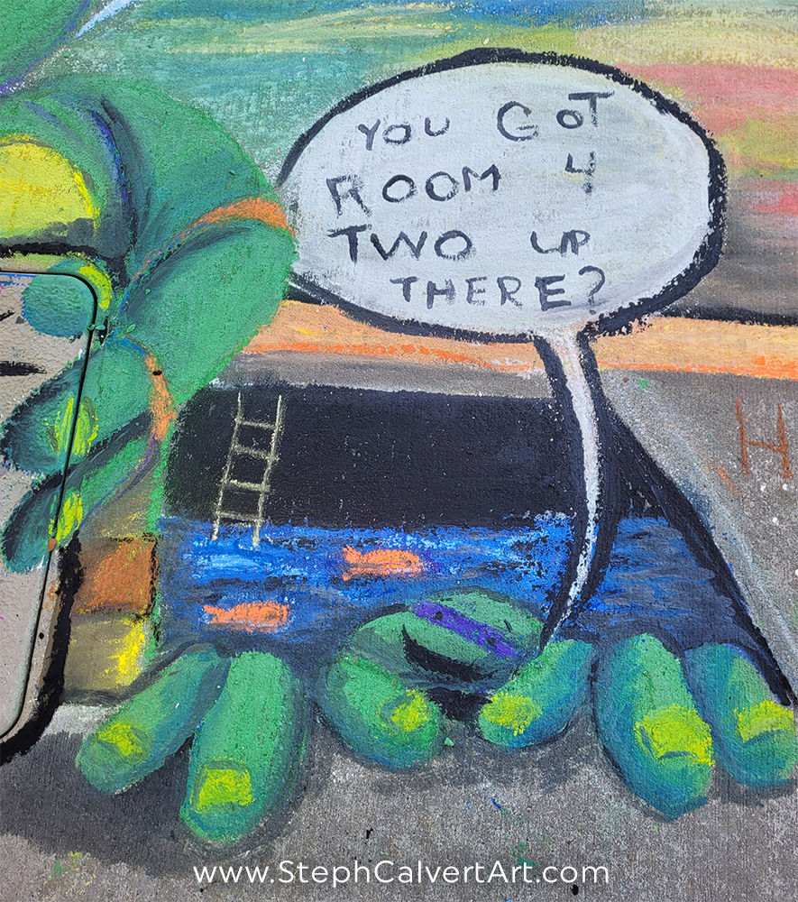 Sidewalk Chalk Art for Piedmont Hospital by Steph Calvert Art - Donatello in the sewer Room for Two comment | https://stephcalvertart.com