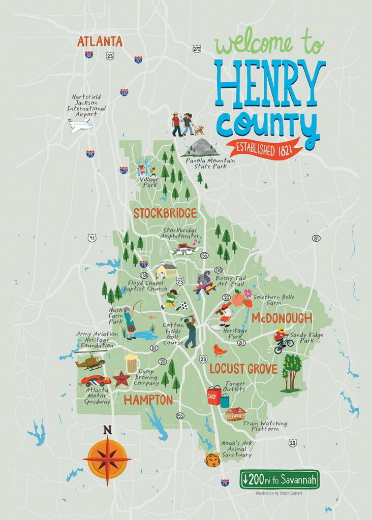 Map Illustration - Welcome to Henry County Georgia / GA. Map illustration by Steph Calvert Art. 