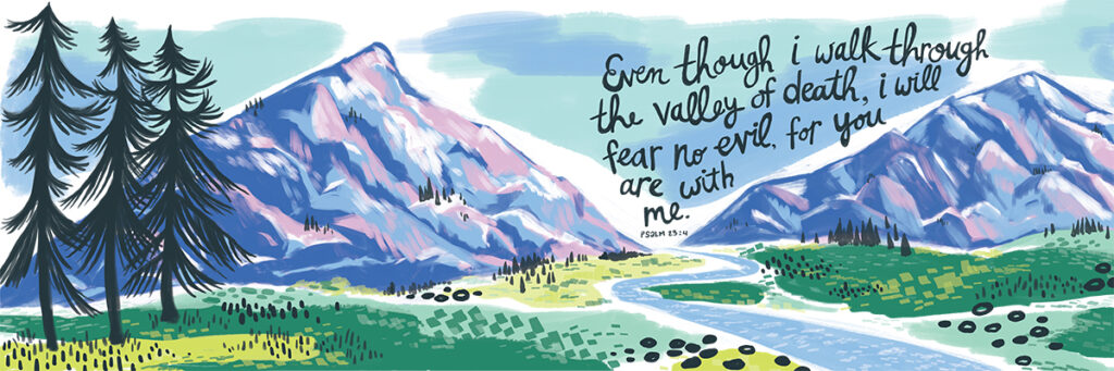 Immersive Art Scene mountains illustration - Psalm 23 IF Gathering illustrations and hand lettering by Steph Calvert Art
