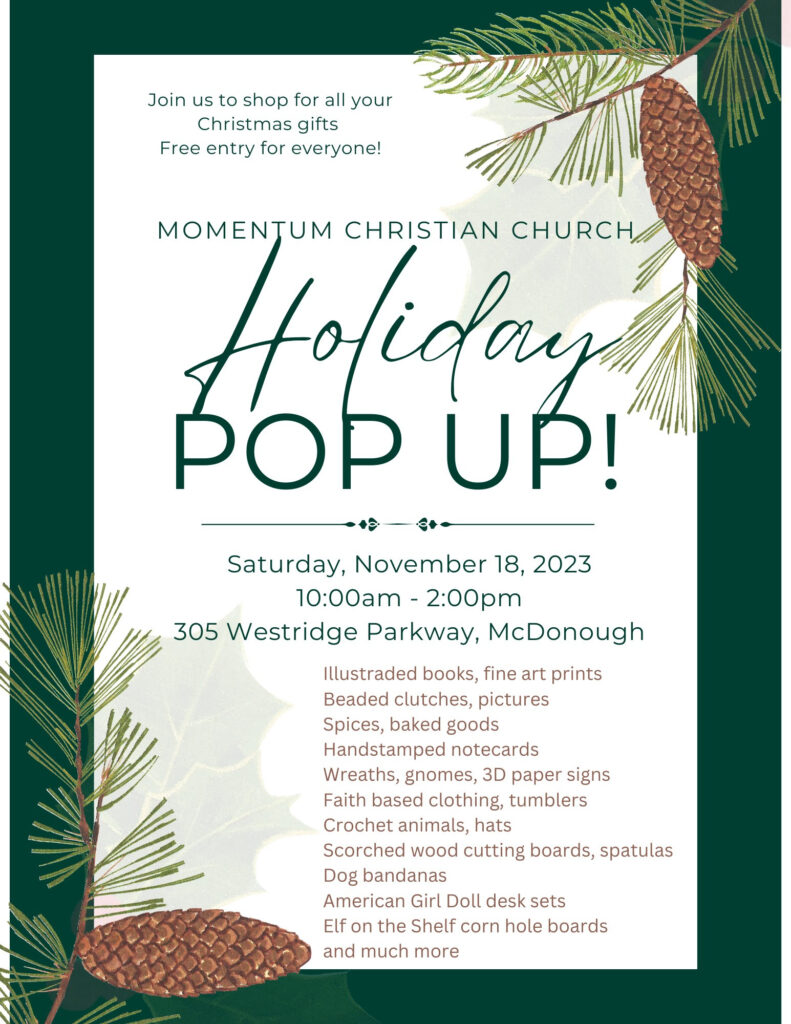 Holiday pop up shop at Momentum Christian Church this Saturday, November 18, 2023 from 10am to 2pm
