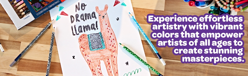 A picture of a llama colored in with crayola colored pencils