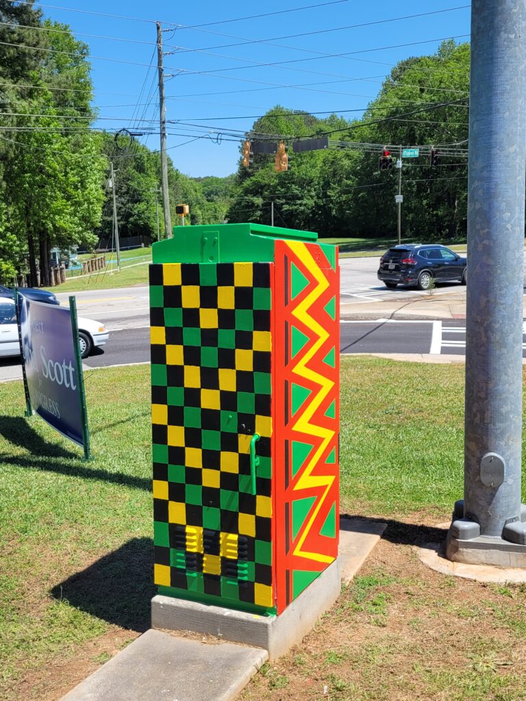 "Kente Pattern Party" public art - Traffic Signal Box Art by Steph Calvert Art / https://stephcalvertart.com/