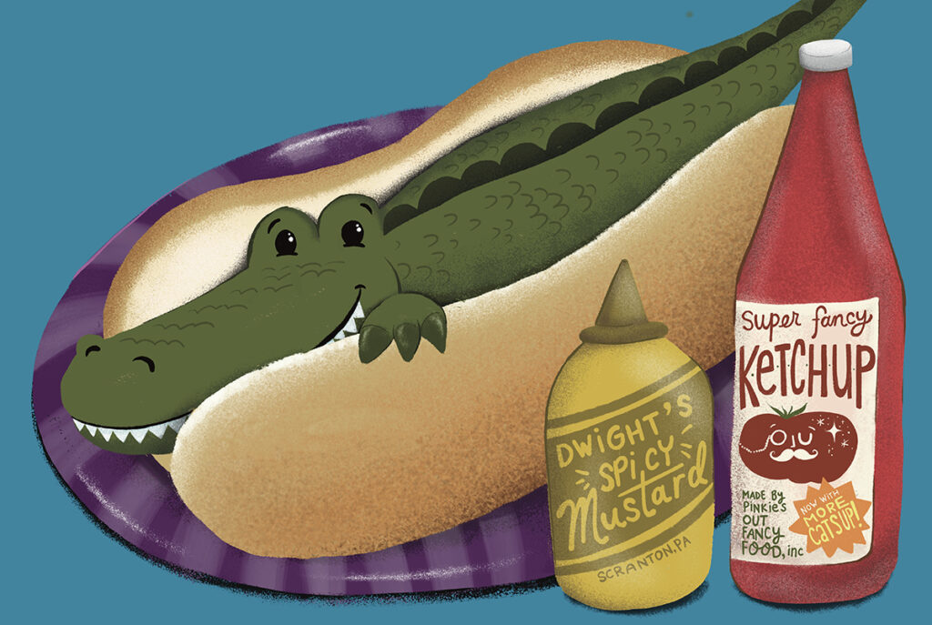 Funny Cute Alligator Hot Dog childrens book Illustration by Steph Calvert Art