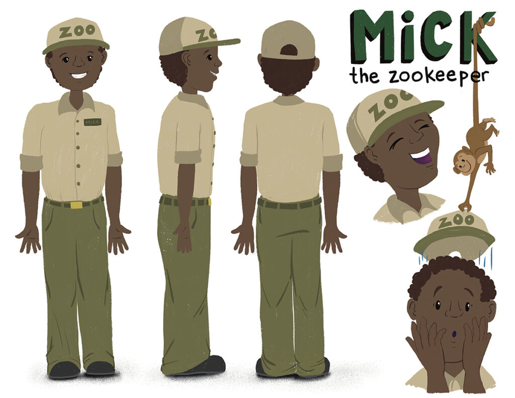 "Mick" zookeeper, African American character sheet. Childrens book Illustration by Steph Calvert Art