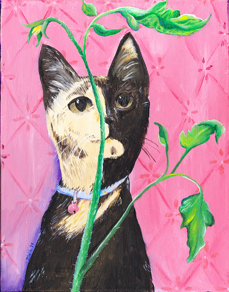 Commission an Artist - "Second Chances" Tomato plant and cat pet portrait by Steph Calvert Art