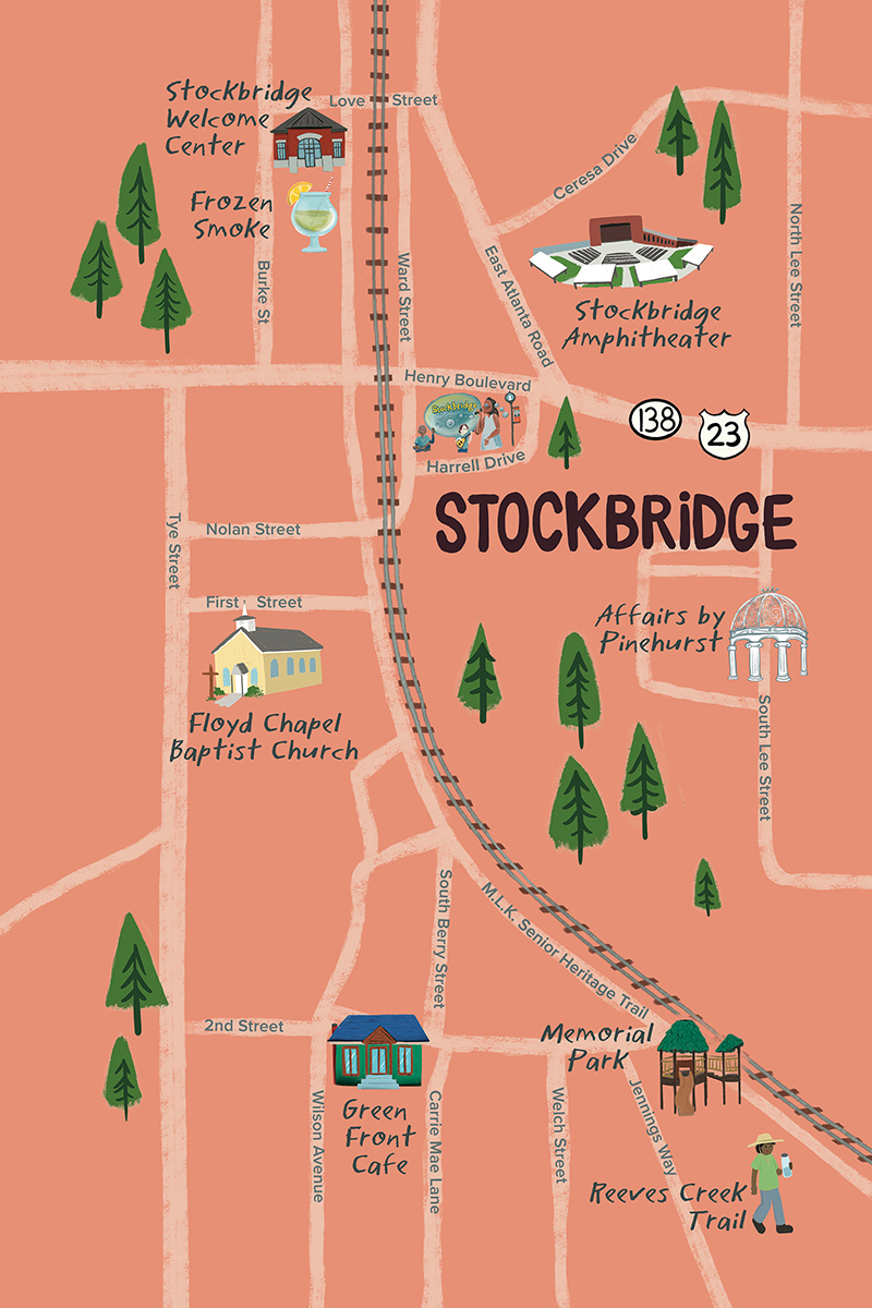 Hand Drawn Map Illustration of Stockbridge Georgia by Steph Calvert Art