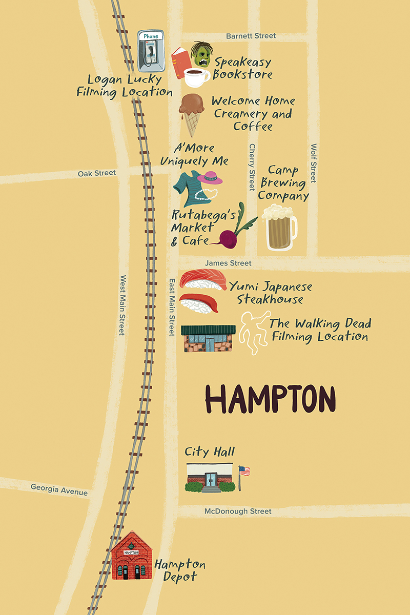 Hand Drawn Map Illustration of Hampton Georgia by Steph Calvert Art