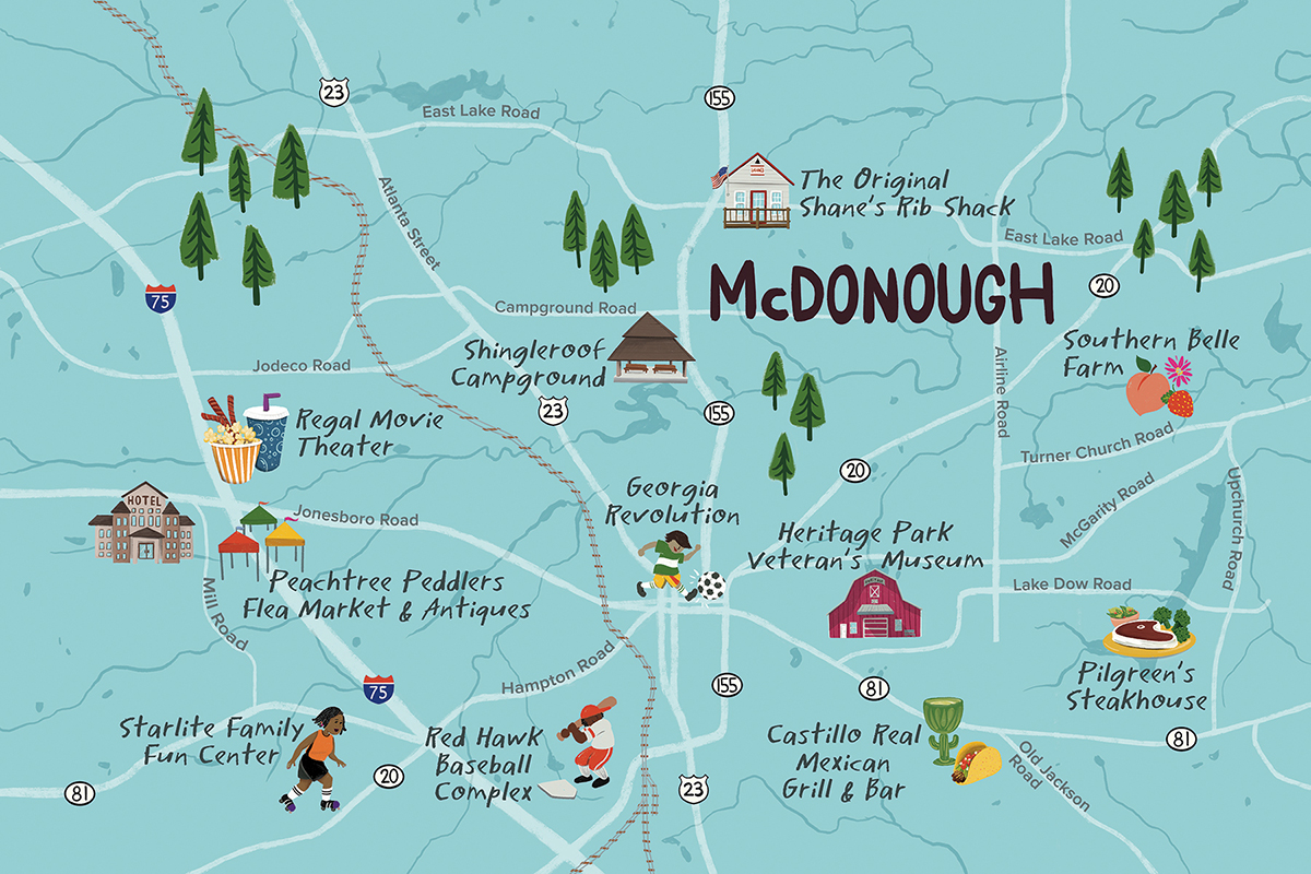 Hand Drawn Map Illustration of McDonough Georgia by Steph Calvert Art