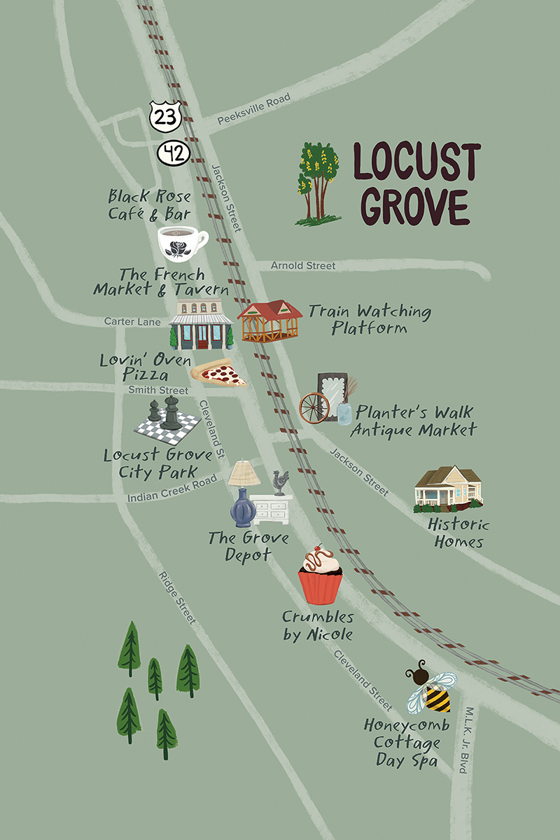 Map Illustration of Locust Grove Georgia by Steph Calvert Art