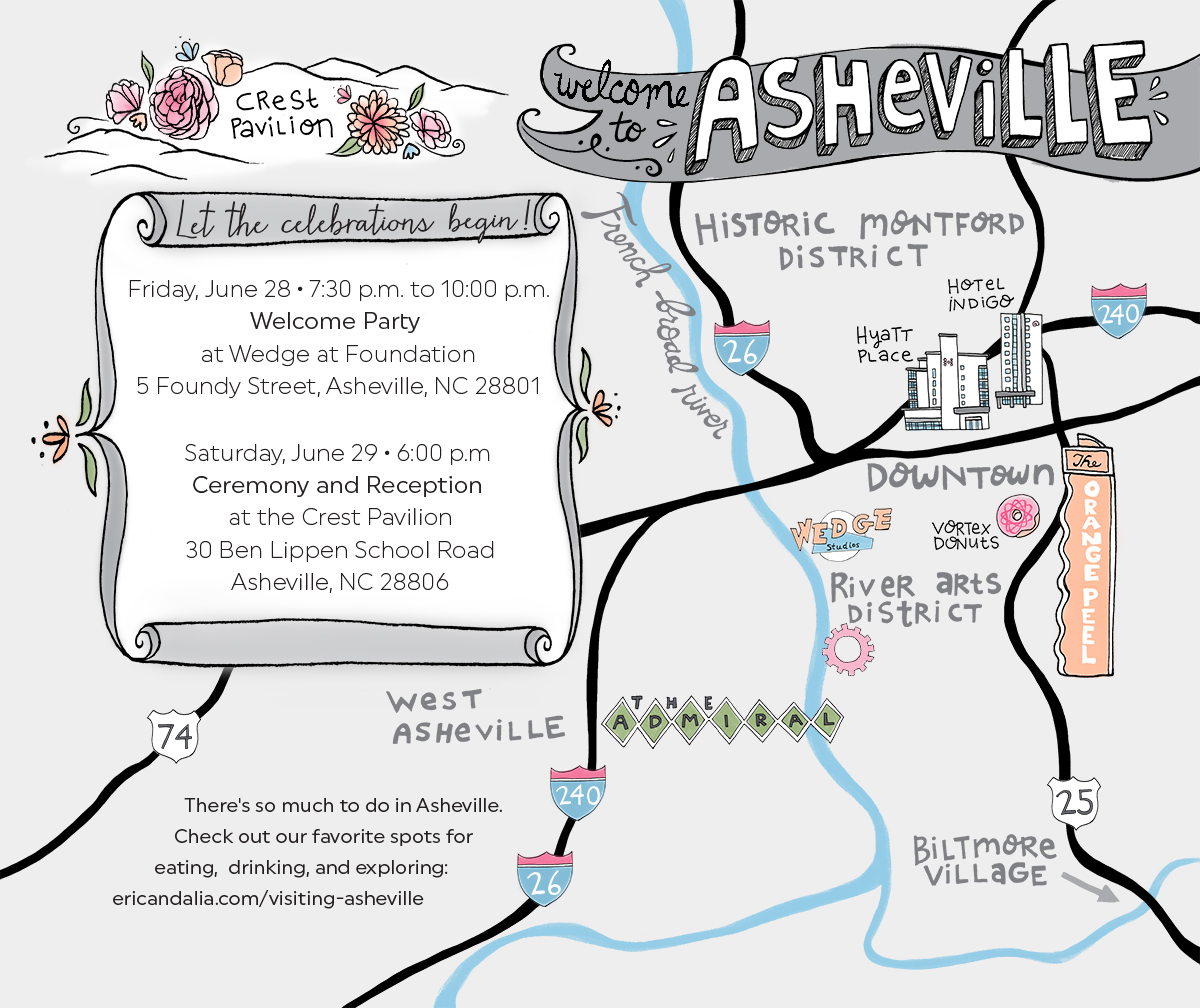 Hand Drawn Illustrated Map - Asheville NC Destination Wedding custom illustration by Steph Calvert Art