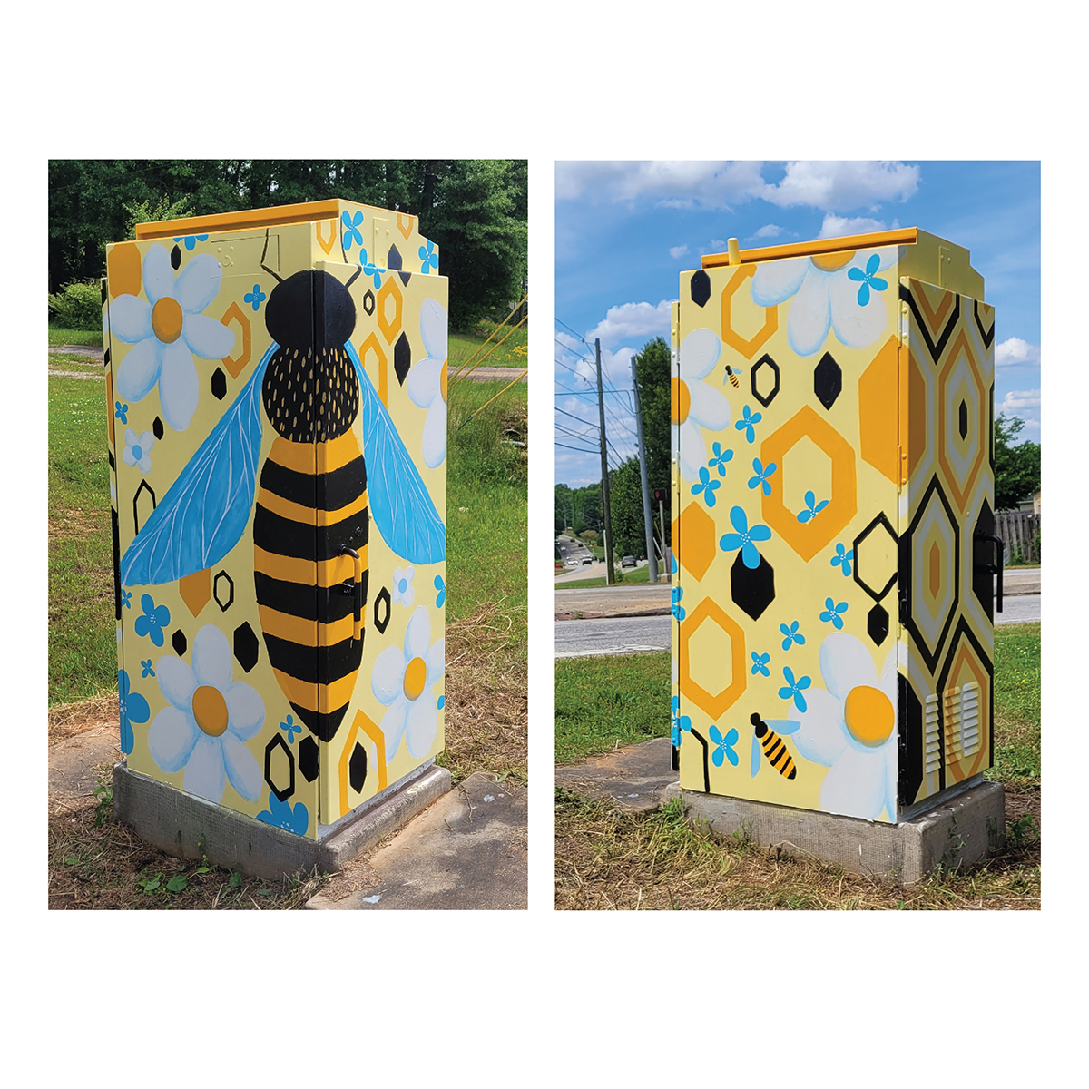 Hire a Mural Artist - "Bee Kind to Pollinators" traffic signal box for Stockbridge, Georgia by Steph Calvert Art