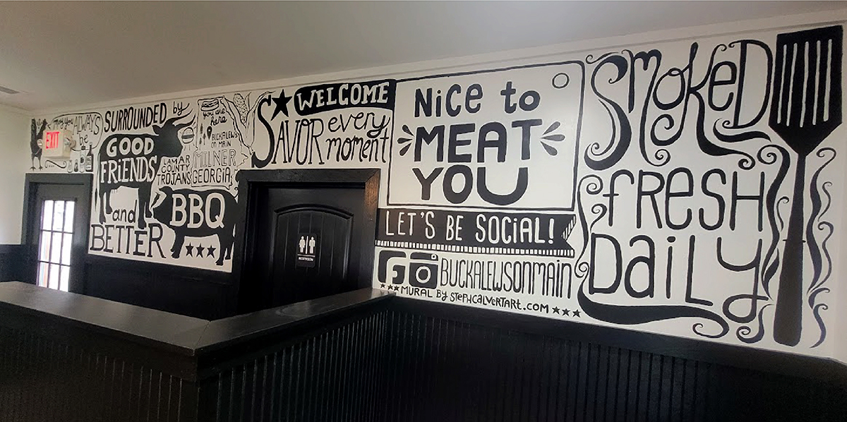 Hire a Mural Artist - Good Friends and Better BBQ for Buckalew's on Main. Hand-lettered restaurant mural by Steph Calvert Art