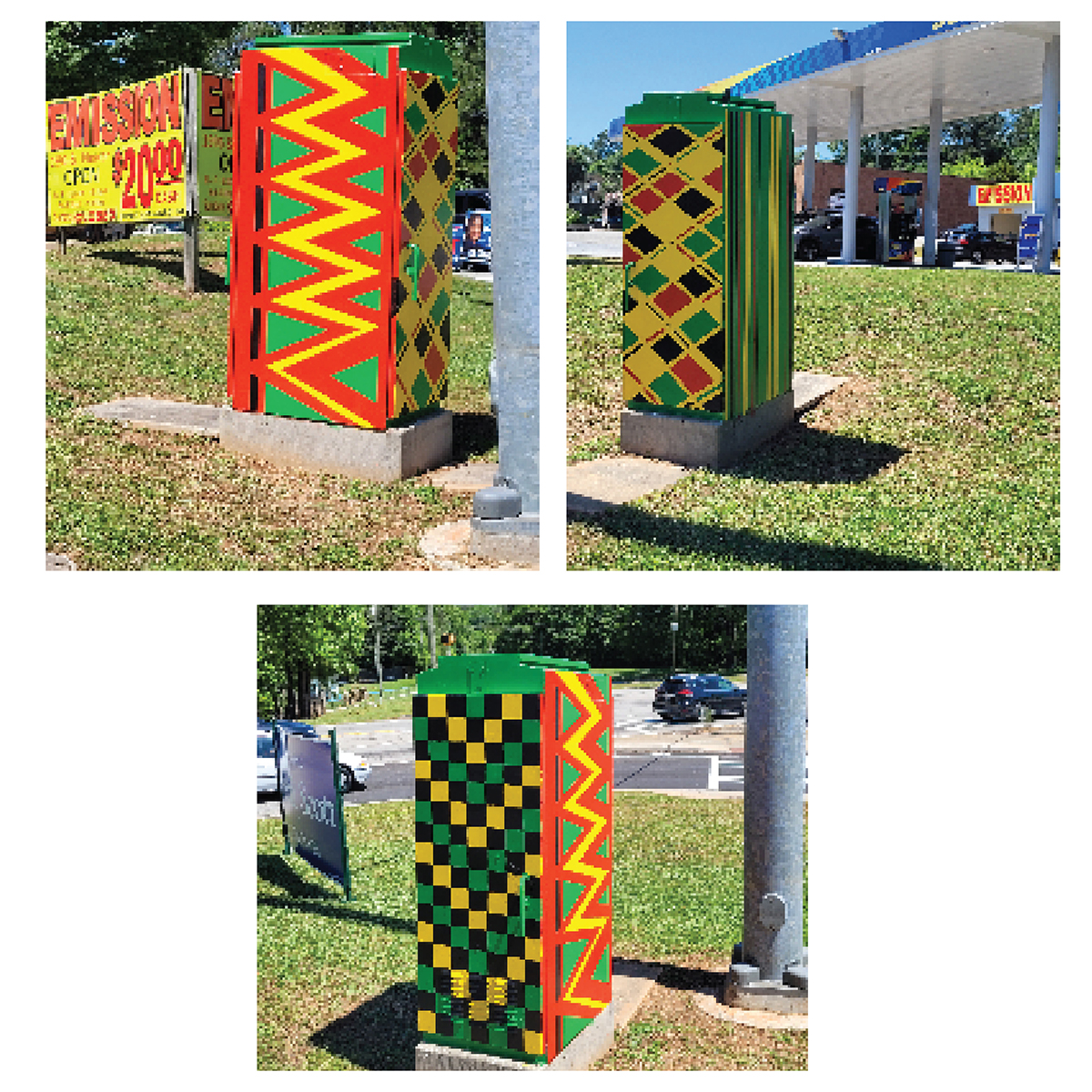 HIre a Mural Artist - "Kente Cloth Party" traffic signal box for City of Stockbridge, Georgia by painter Steph Calvert Art