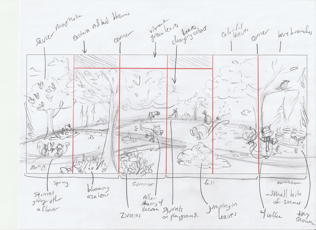 "Squirrel Seasons" concept art sketch by Steph Calvert for traffic box mural project with City of Stockbridge