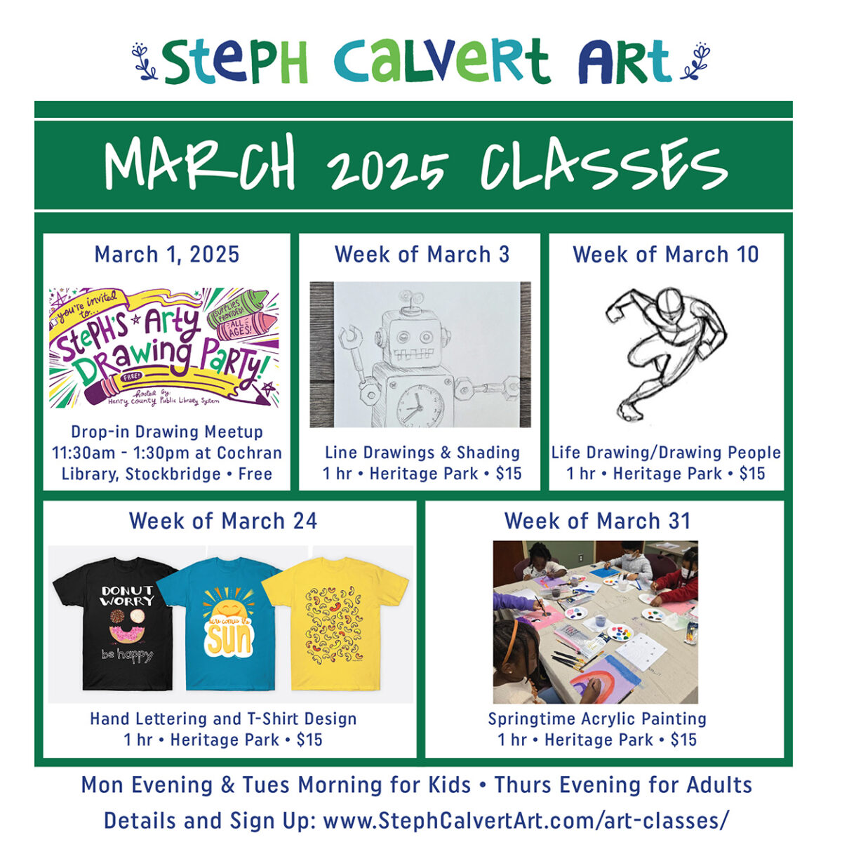 Art Class Calendar - March 2025 - Steph Calvert Art