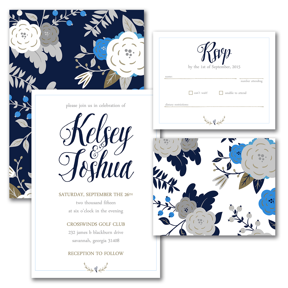 Freelance Graphic Design Portfolio - Blue Floral wedding invitations by Steph Calvert Art
