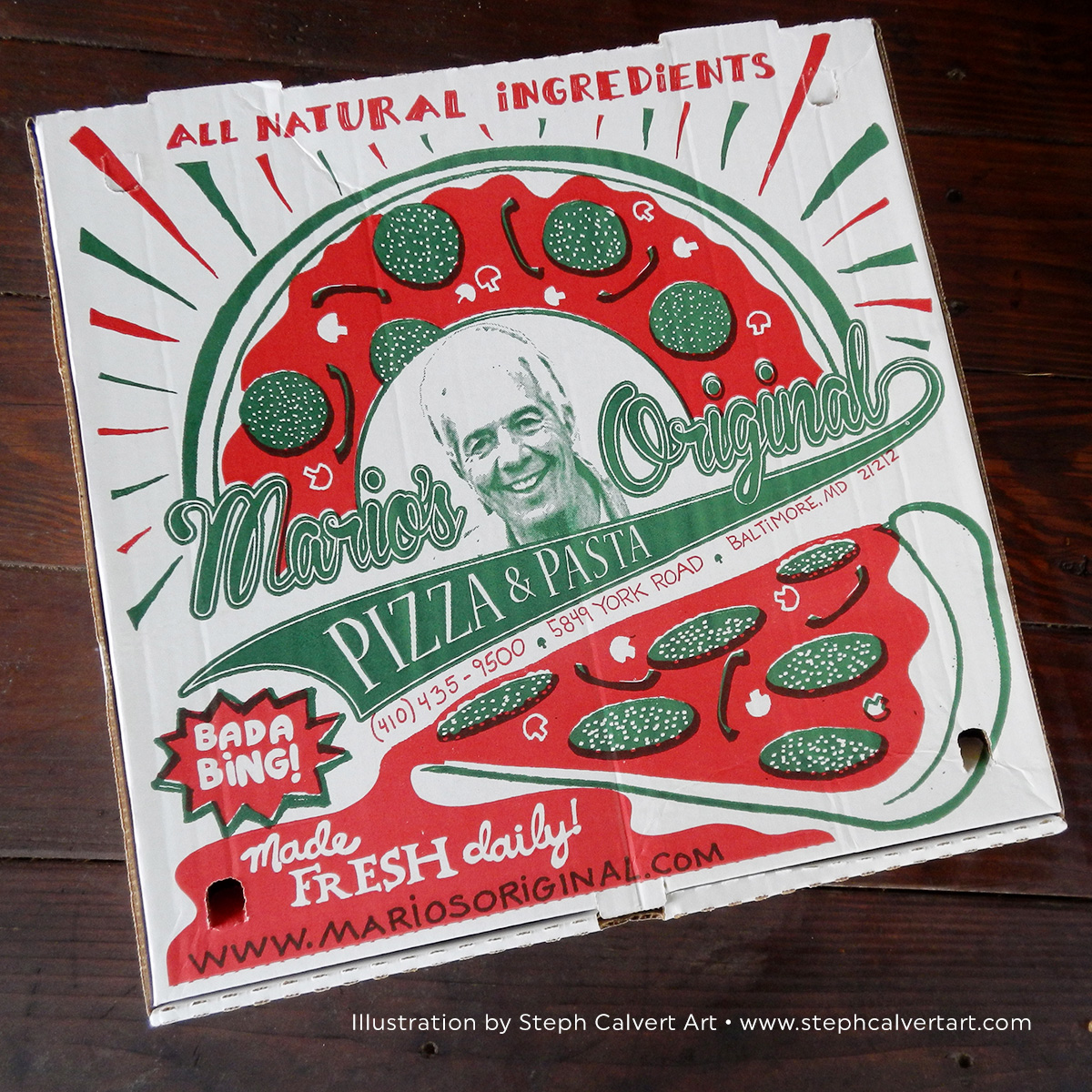 Freelance Graphic Design Portfolio - Custom Pizza Box Illustration by Steph Calvert Art