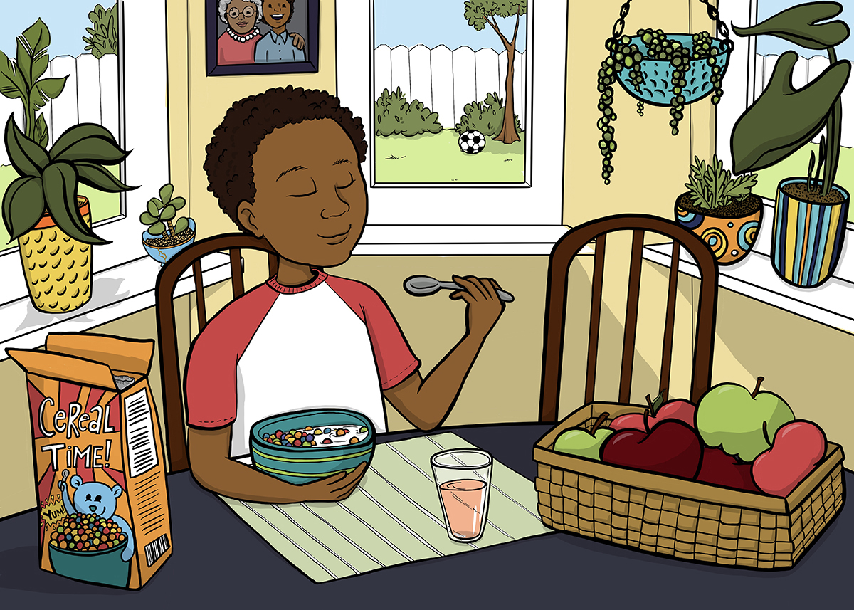 African American Teen eating Breakfast Line Drawing Illustration by Steph Calvert Art
