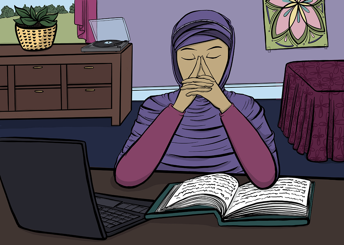 Muslim Girl Studying in Her Bedroom Line Drawing Illustration by Steph Calvert Art