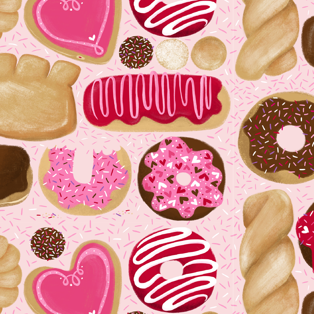 Surface Pattern Design Portfolio - Donuts Make Me Go Nuts collection, Valentines Donuts conversational repeat pattern by Steph Calvert Art