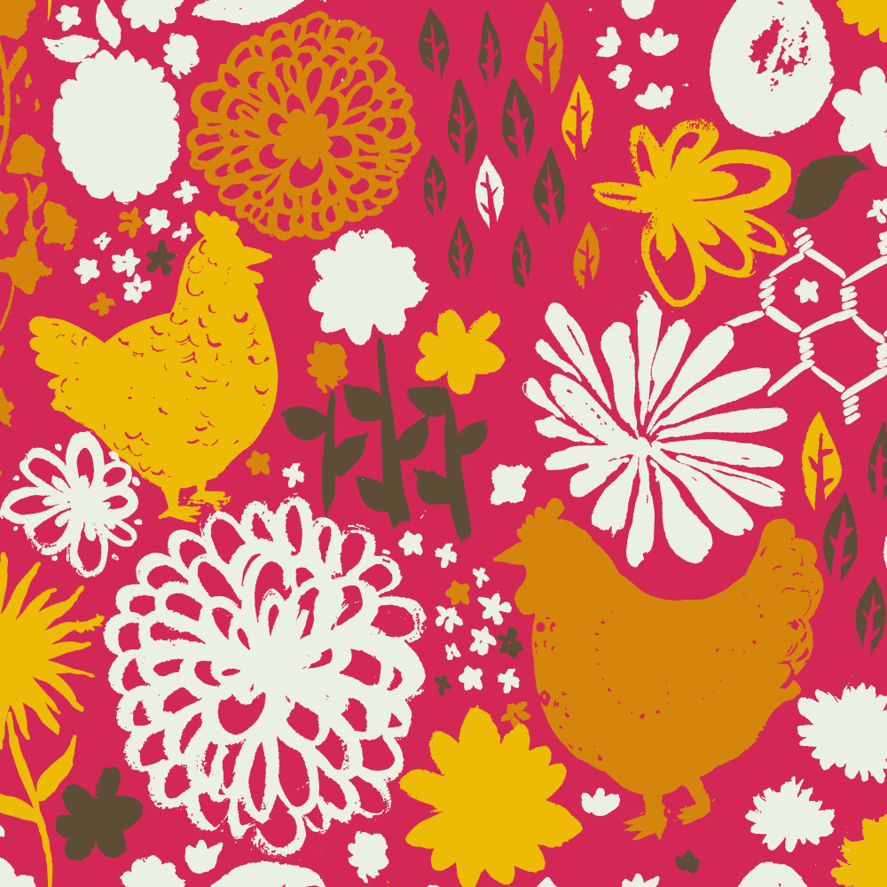 Surface Pattern Design Portfolio - Farm Fresh Fun Collection - Chickens Floral Conversational repeat pattern by Steph Calvert Art
