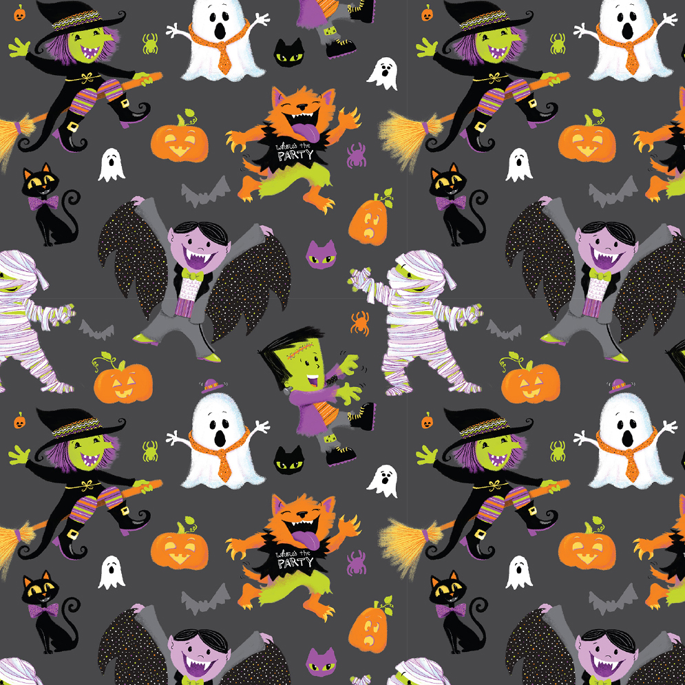 Surface Pattern Design Portfolio - This is Halloween Surface Pattern Design Portfolio - This is Halloween collection, Cute Monsters conversational repeat pattern by Steph Calvert Art