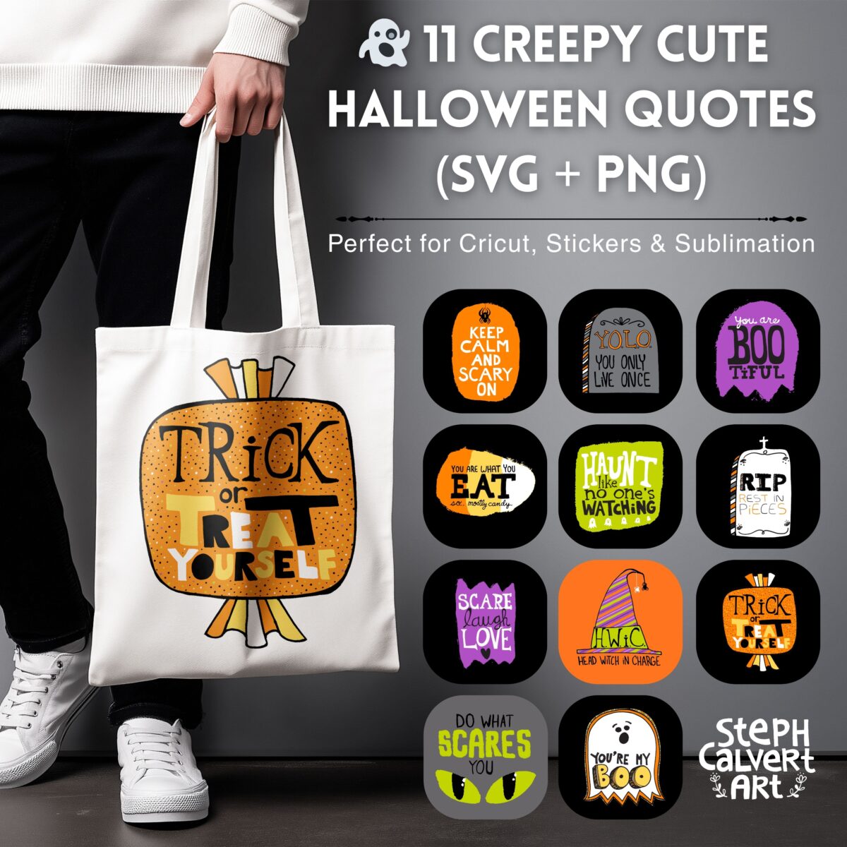 11 Halloween lettering quotes SVG and PNG bundle shown on tote bag with preview grid of all designs